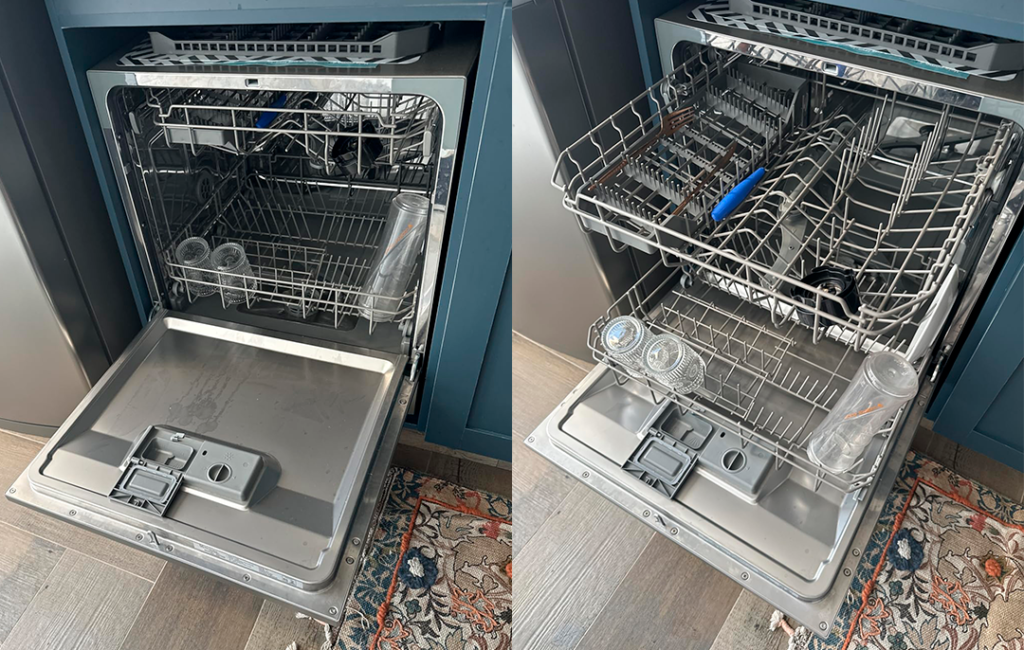 Lava-louças Electrolux 8 Serviços LL08S com a tampa aberta e a gaveta com algumas louças sujas, dentro do nicho em uma cozinha com armário azul